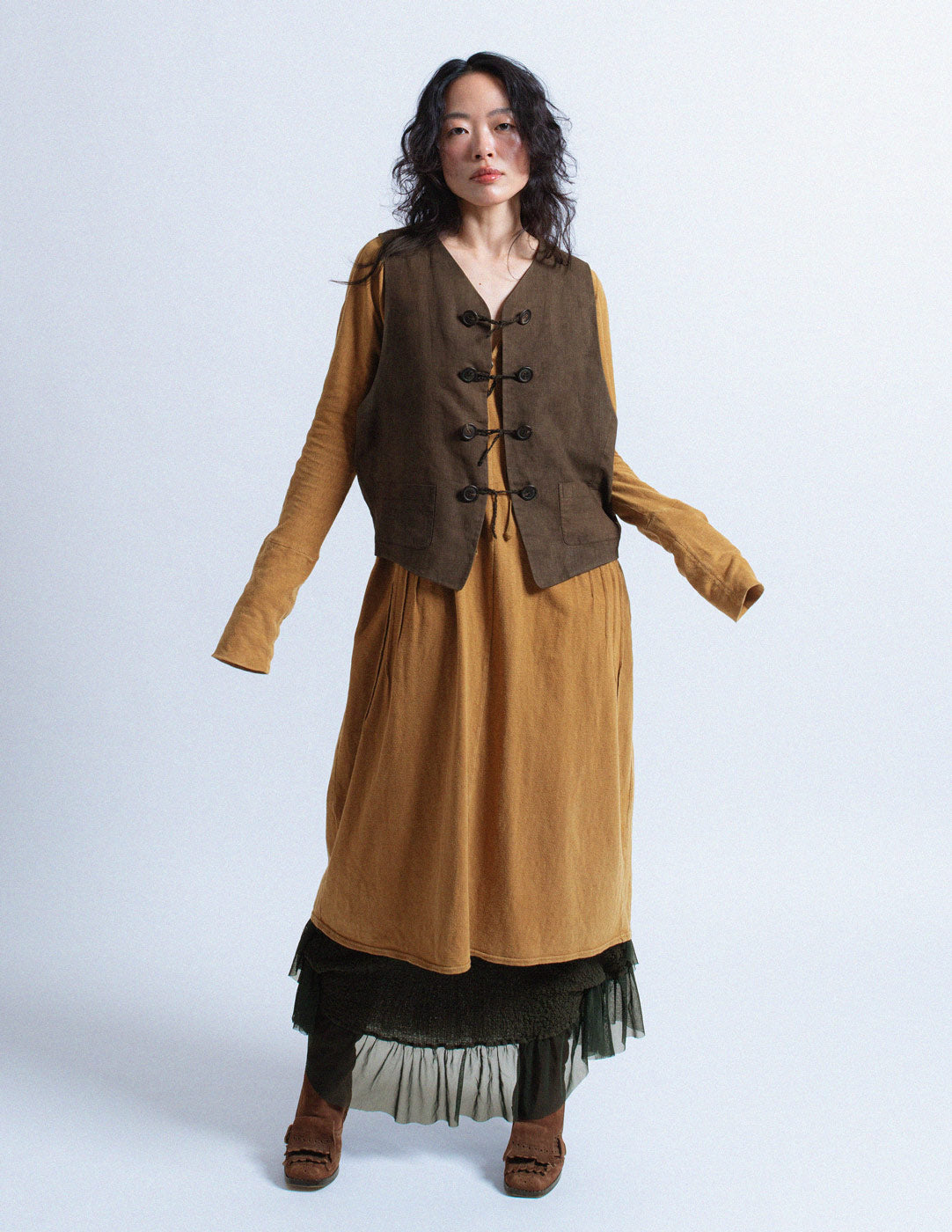 Issey Miyake vintage brown linen vest with rope toggle buttons