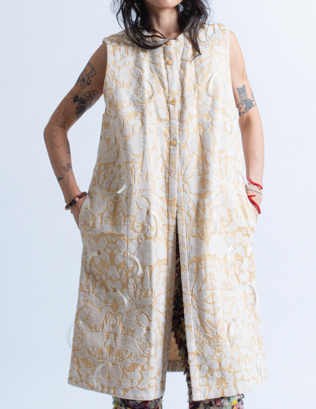 Issey Miyake reversible jacquard long waistcoat and jacket set detail