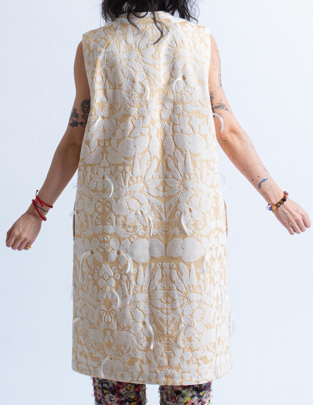 Issey Miyake reversible jacquard long waistcoat and jacket set back detail