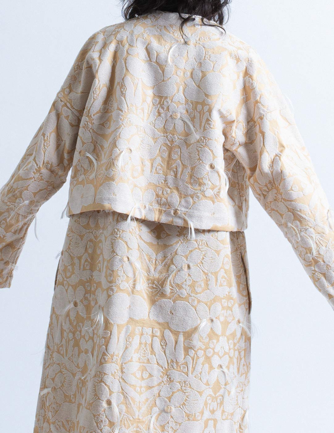 Issey Miyake reversible jacquard long waistcoat and jacket set back detail