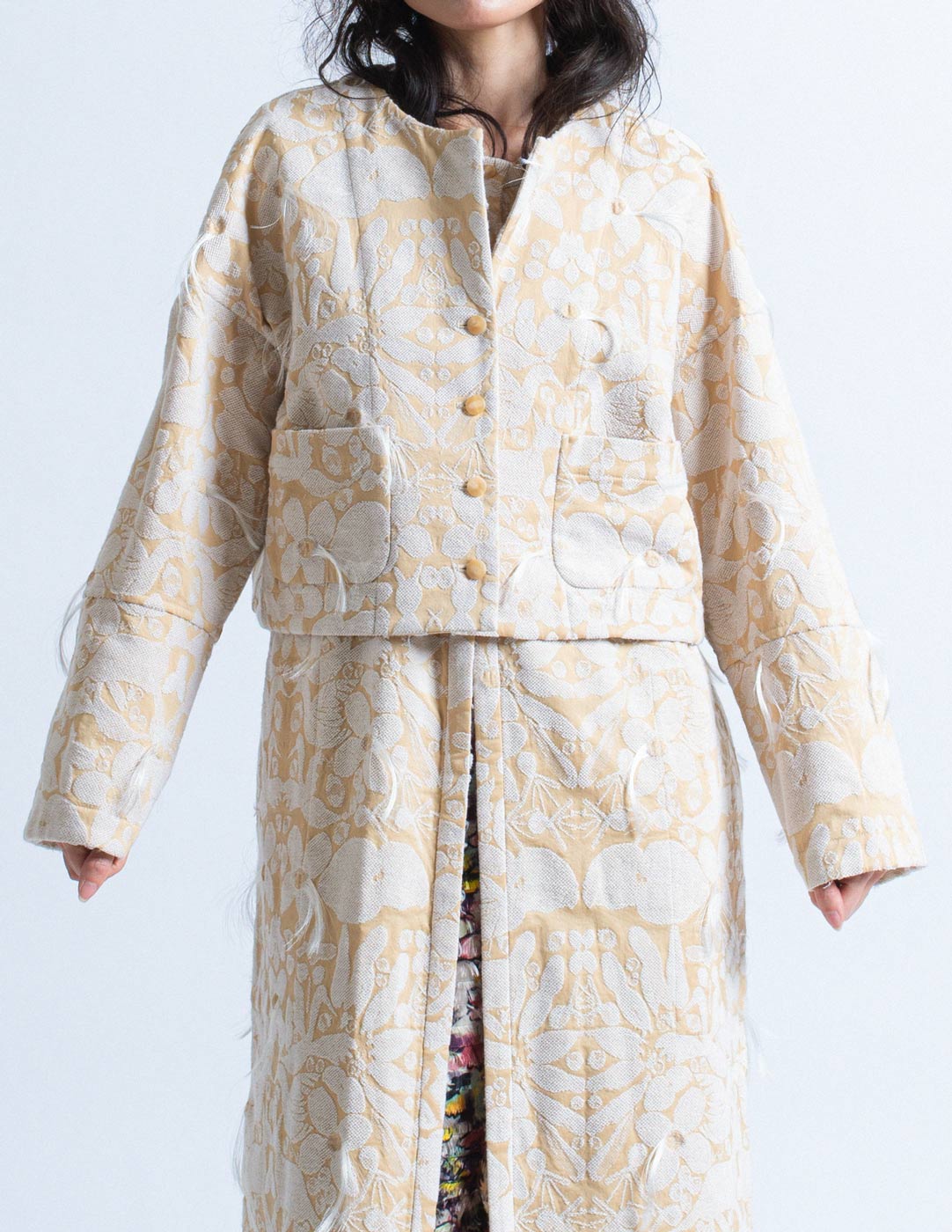 Issey Miyake reversible jacquard long waistcoat and jacket set detail