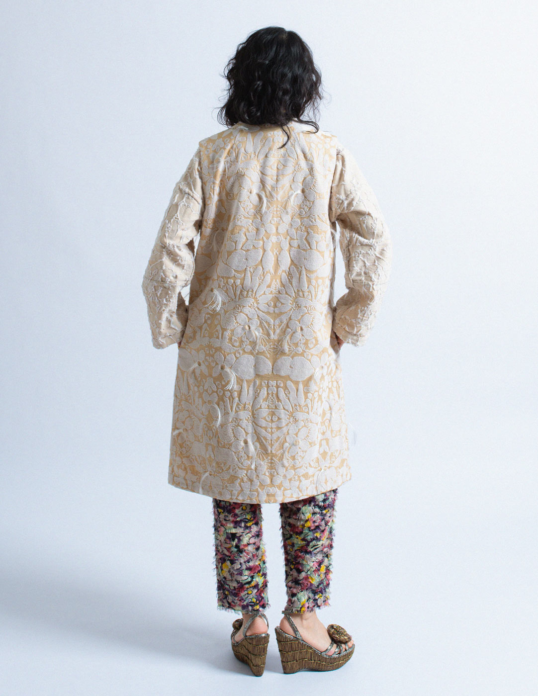 Issey Miyake reversible jacquard long waistcoat and jacket set back view