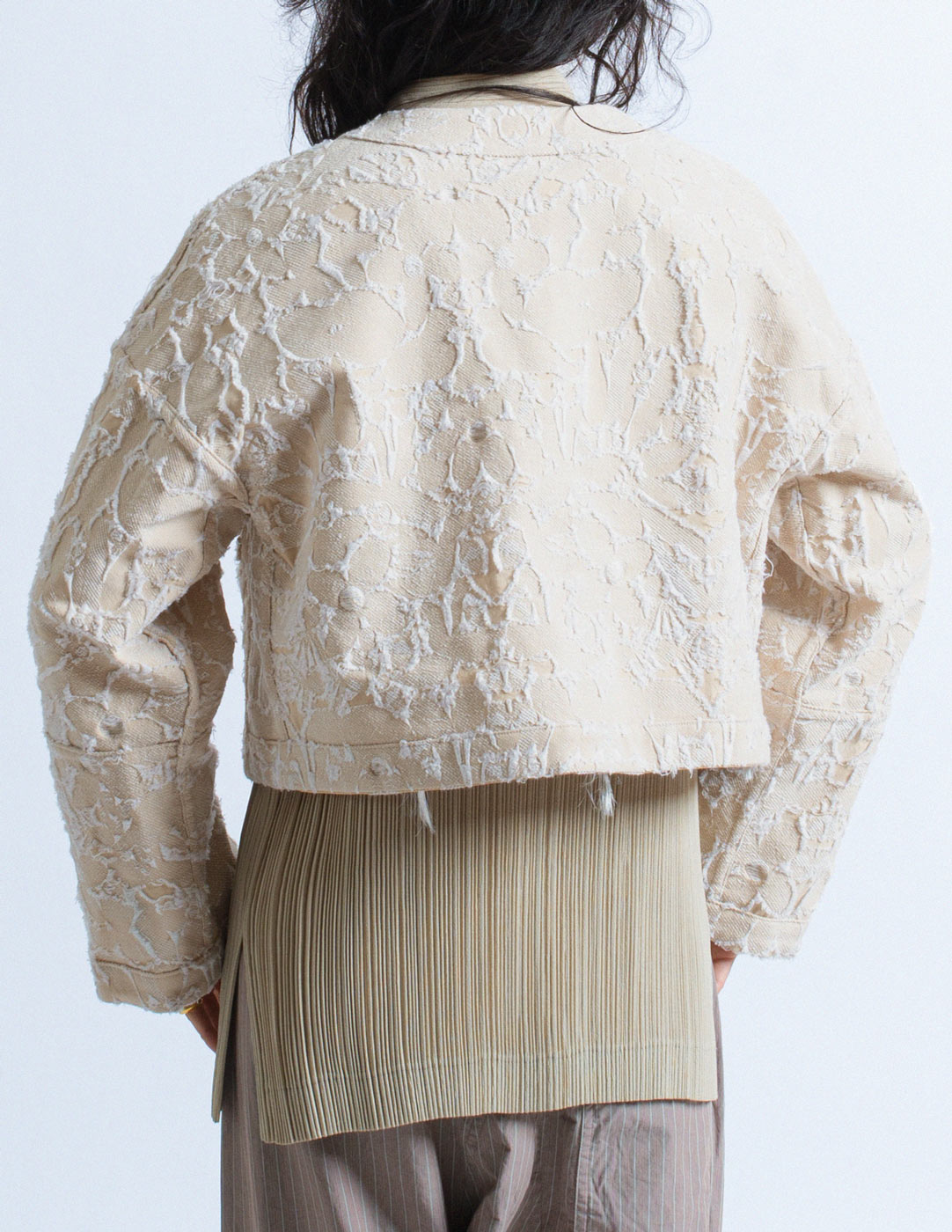 Issey Miyake reversible jacquard long waistcoat and jacket set back detail