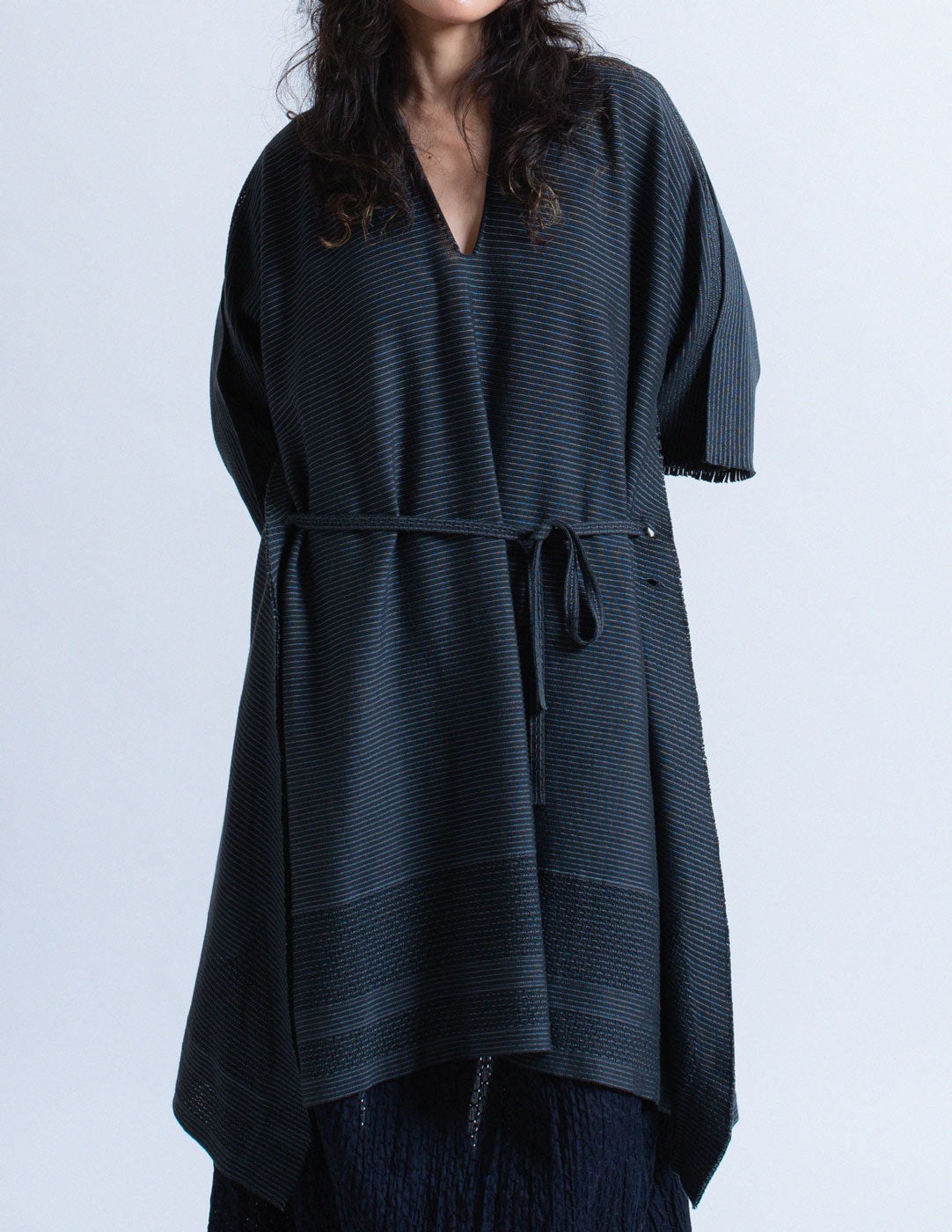 Issey Miyake striped transformable kaftan dress front detail