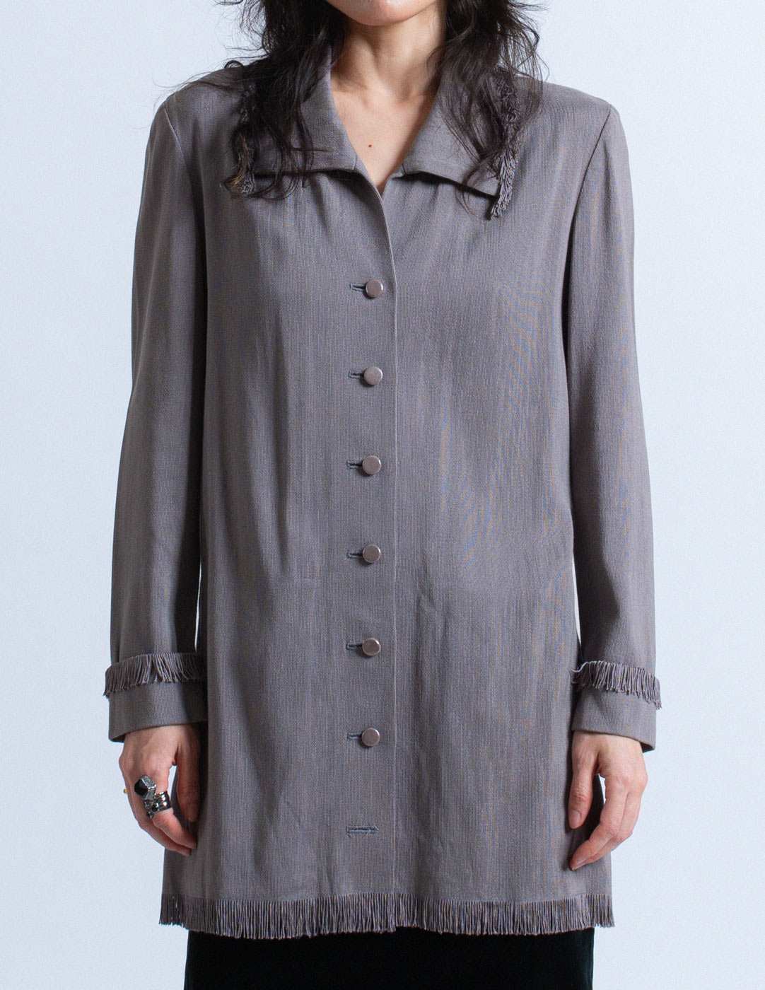 Issey Miyake vintage gray textured cotton blend blazer with fringes front detail