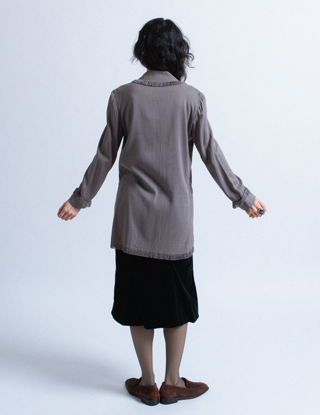 Issey Miyake vintage gray textured cotton blend blazer with fringes back view