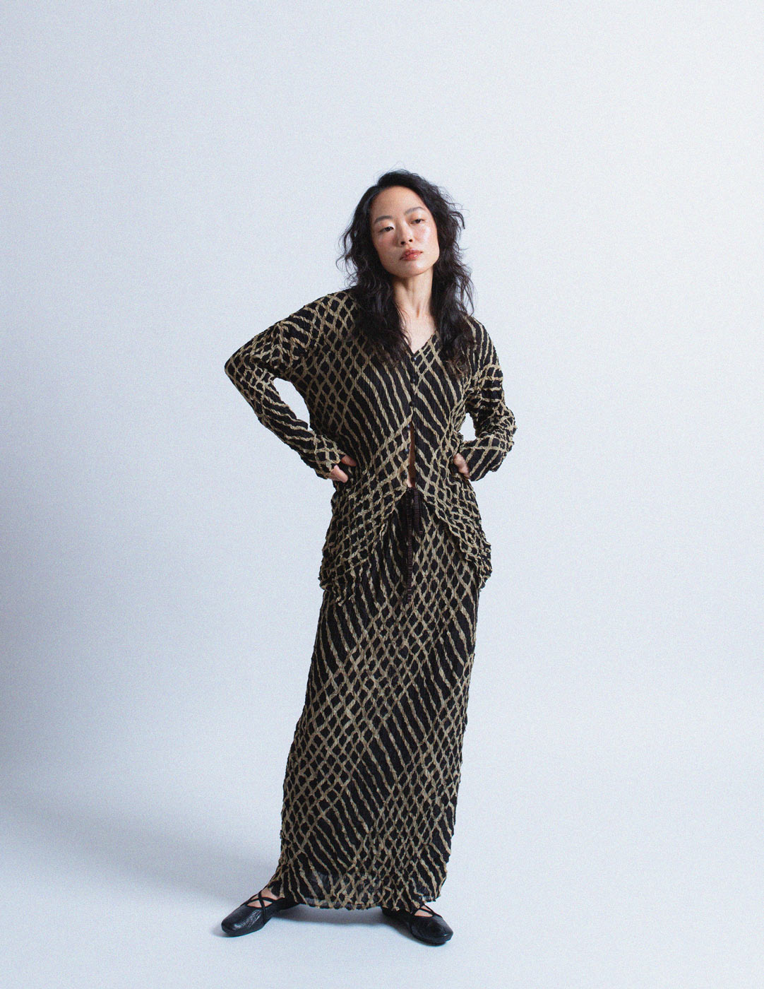 Issey Miyake vintage reversible geometric pattern crinkled skirt set