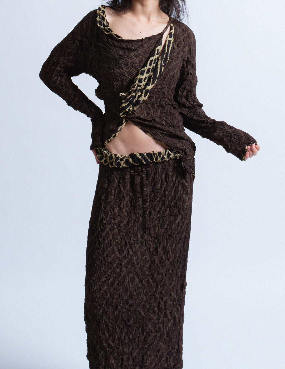 Issey Miyake vintage reversible geometric pattern crinkled skirt set detail