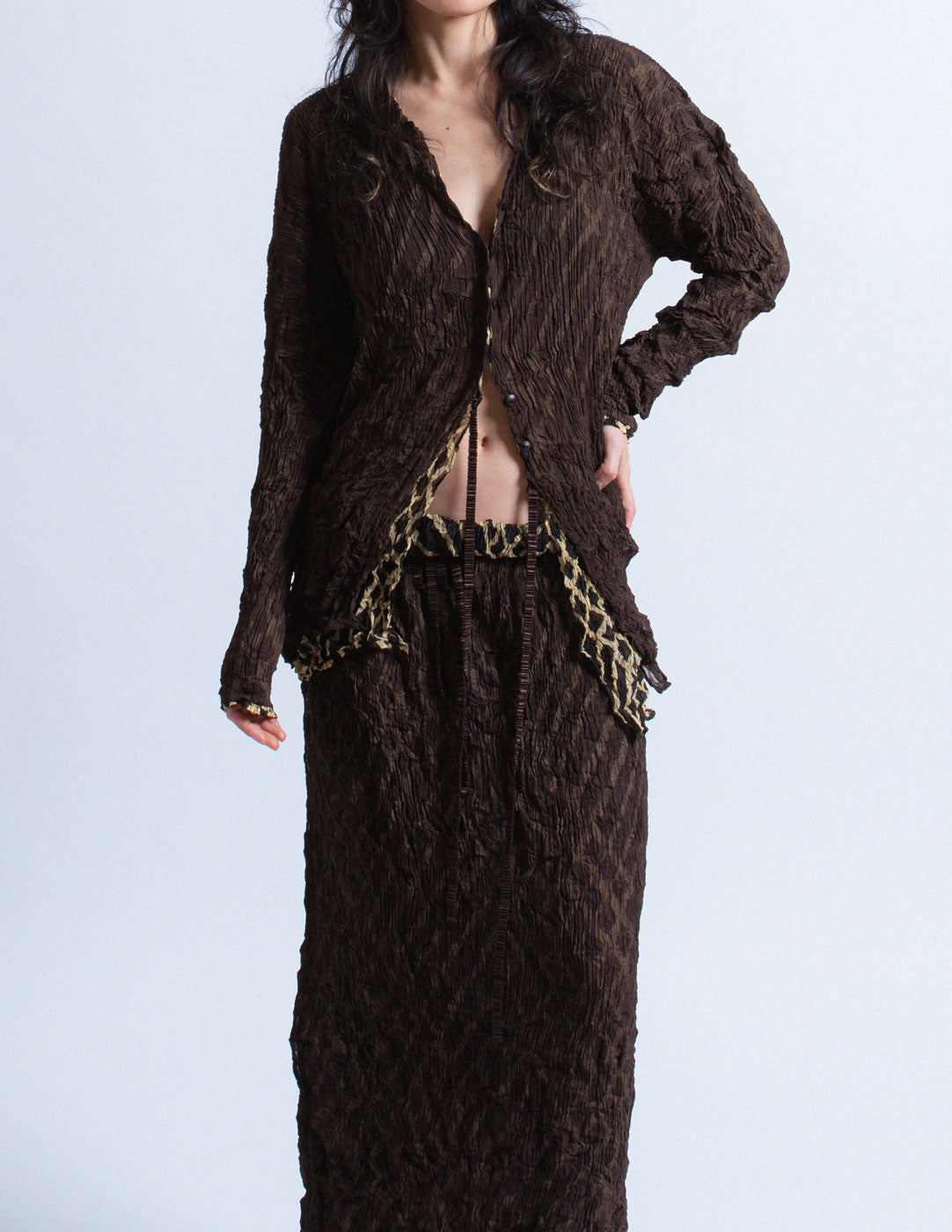 Issey Miyake vintage reversible geometric pattern crinkled skirt set detail