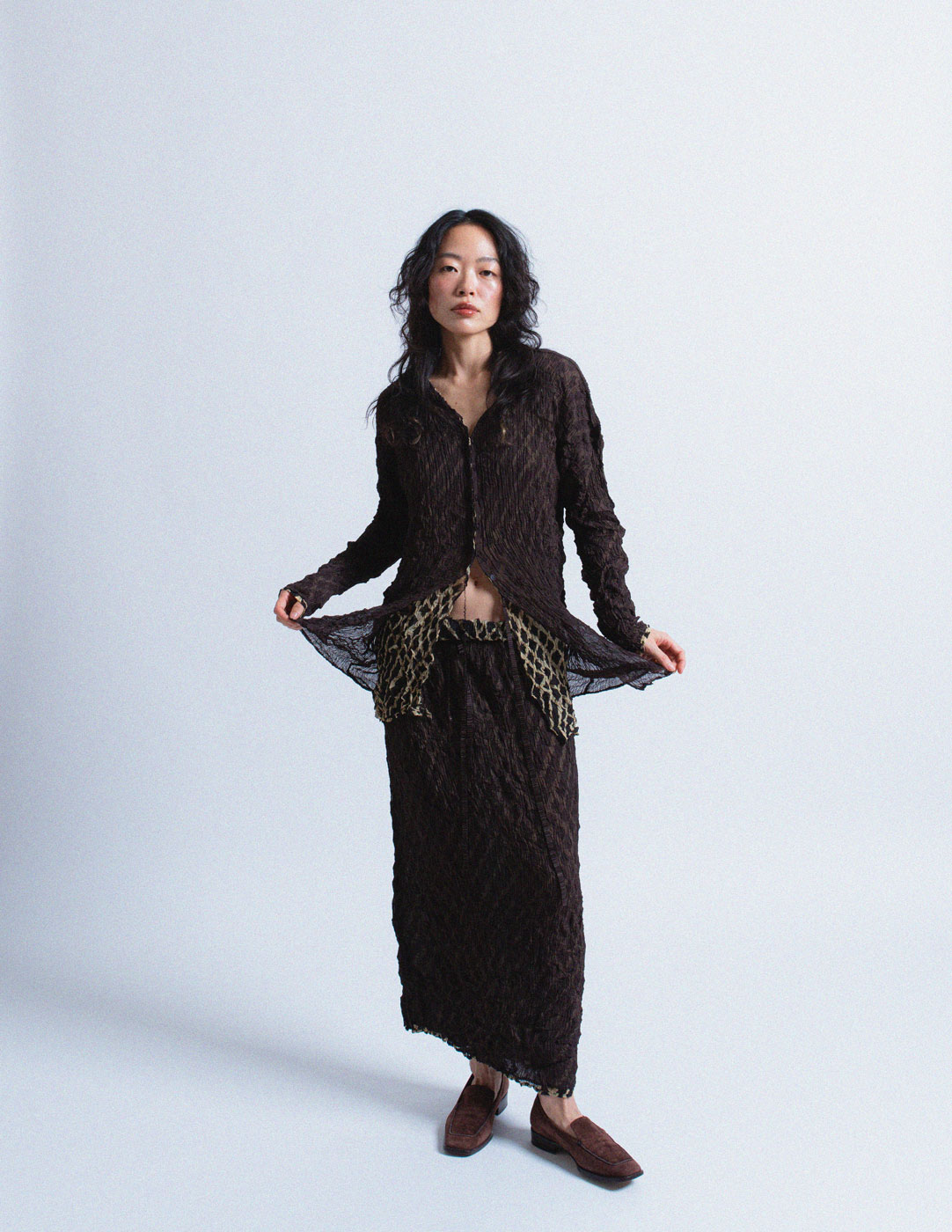 Issey Miyake vintage reversible geometric pattern crinkled skirt set