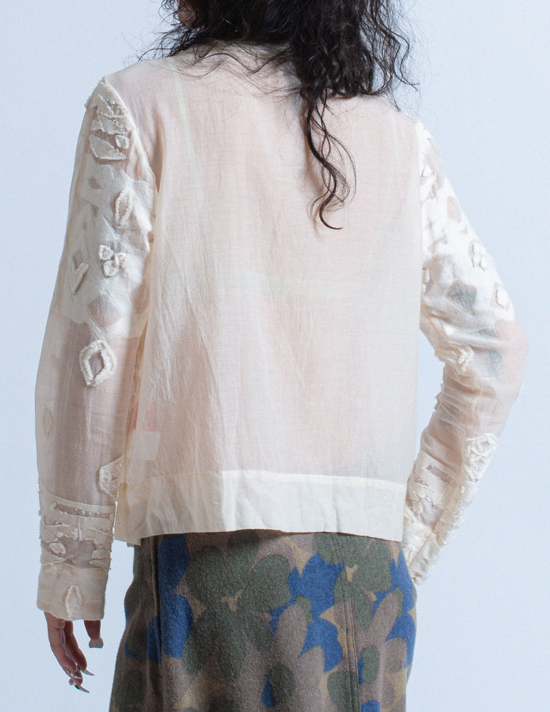 Issey Miyake off white sheer cotton blend cardigan back detail