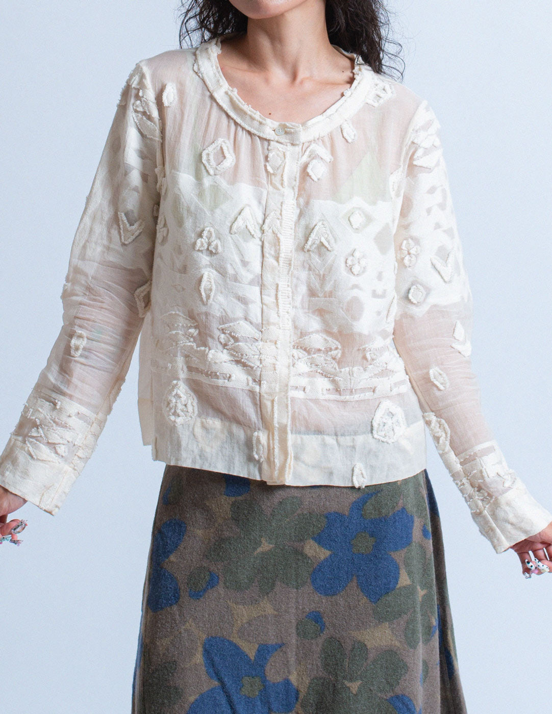 Issey Miyake off white sheer cotton blend cardigan front detail