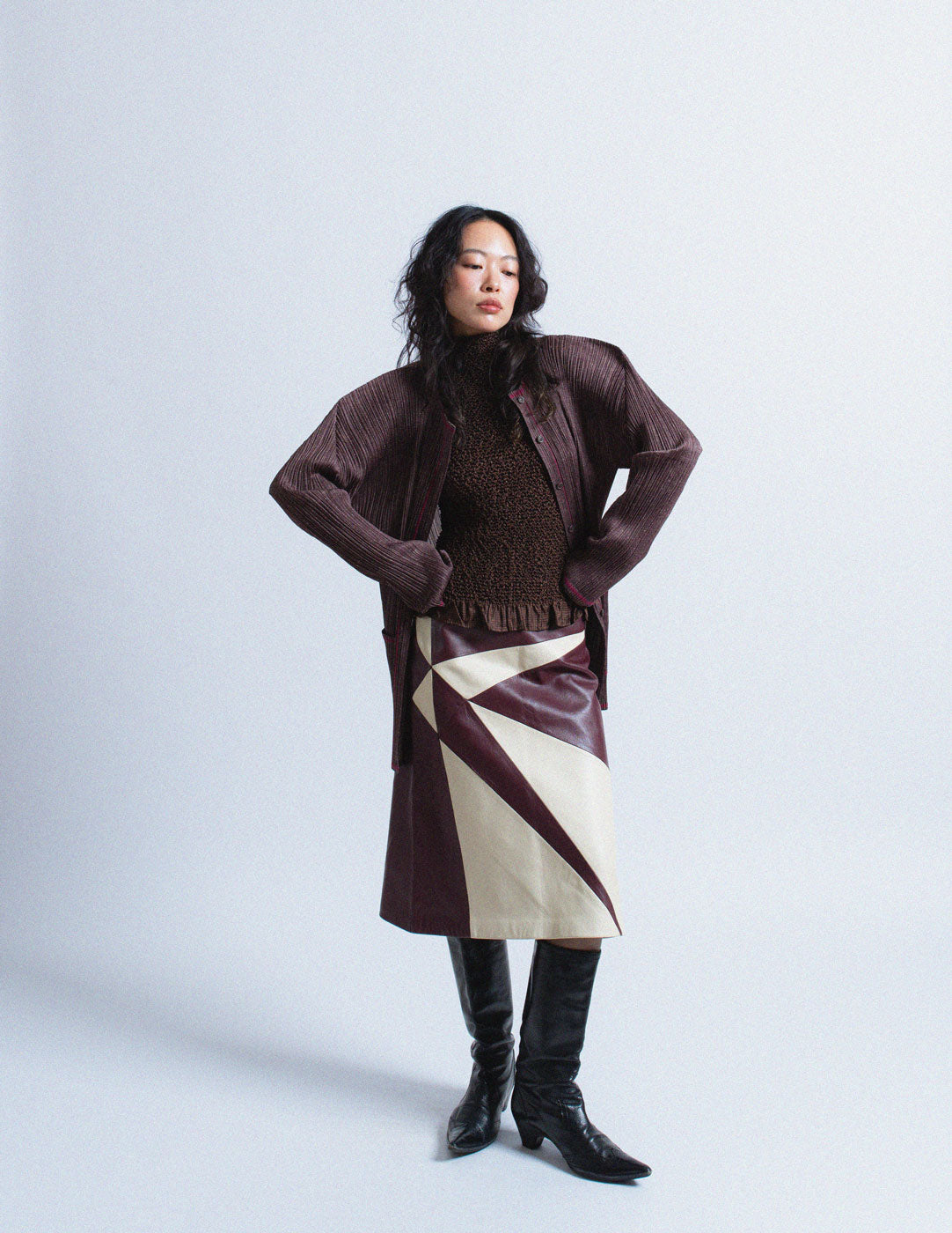 Versus vintage burgundy and cream geometric color-block leather skirt