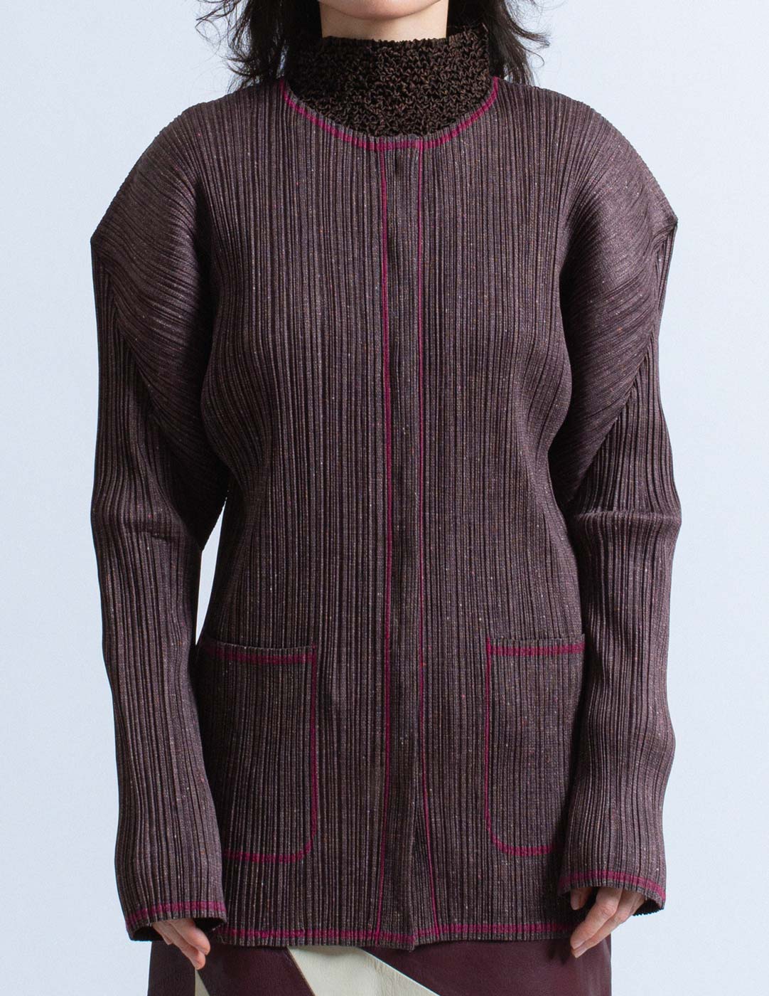 Issey Miyake speckled deep plum pleated button down front detail