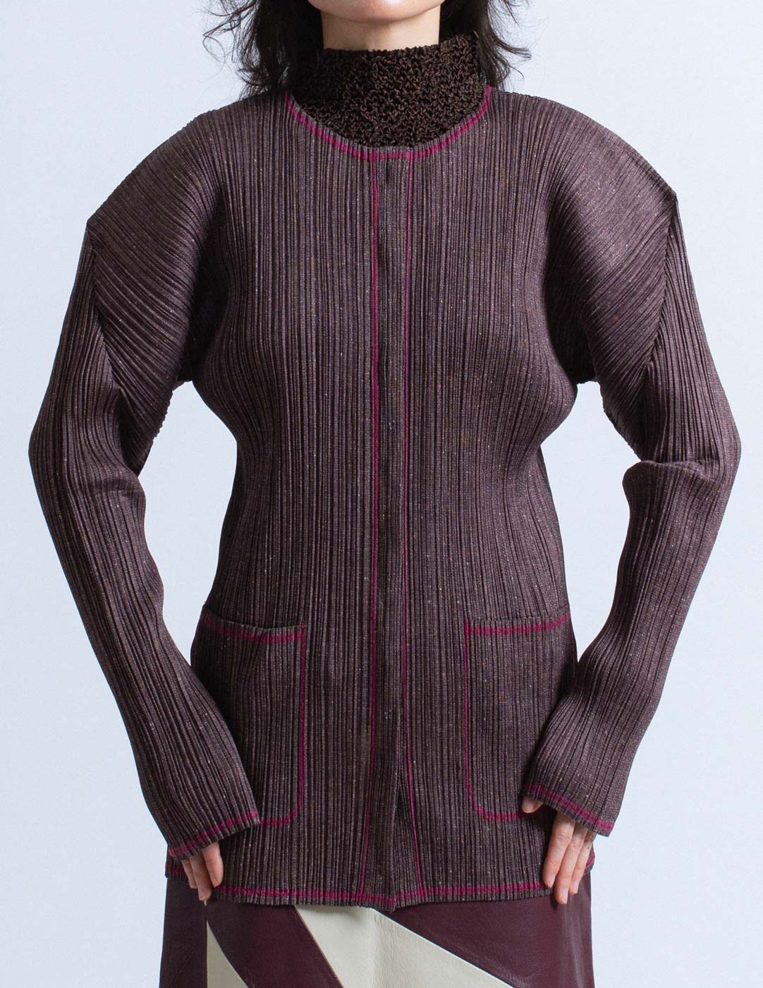 Issey Miyake speckled deep plum pleated button down front detail