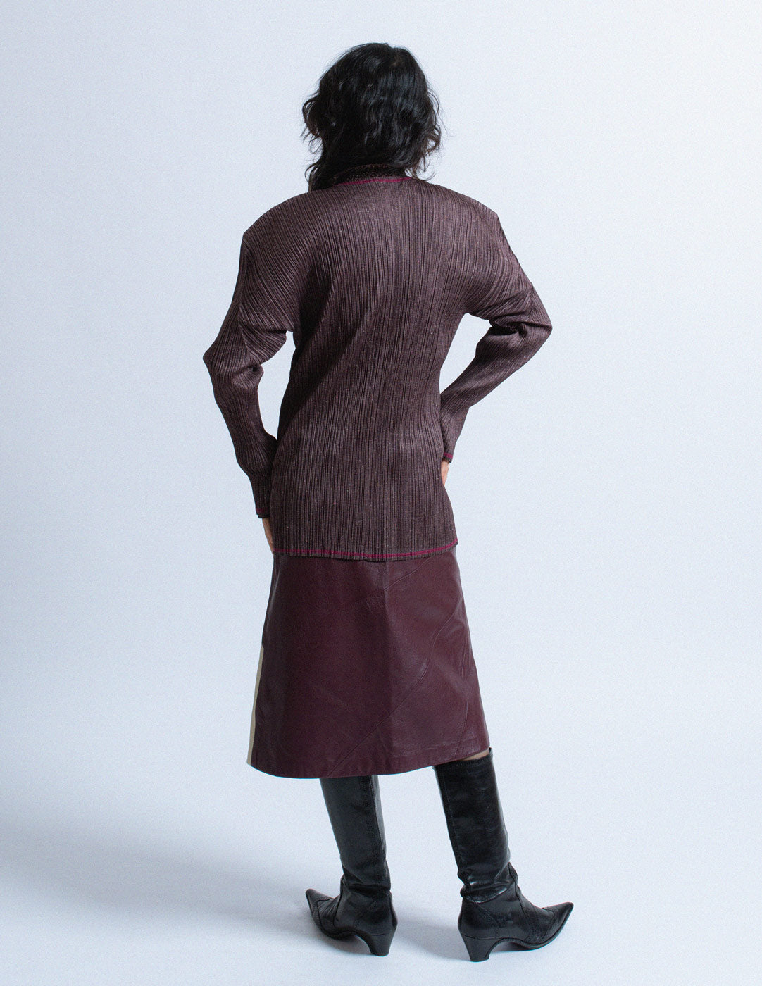 Issey Miyake speckled deep plum pleated button down back view