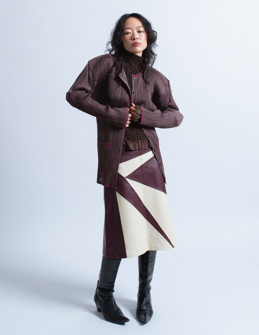 Issey Miyake speckled deep plum pleated button down