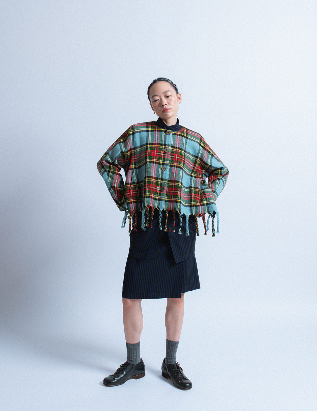 Issey Miyake vintage blue and red tartan jacket with fringes