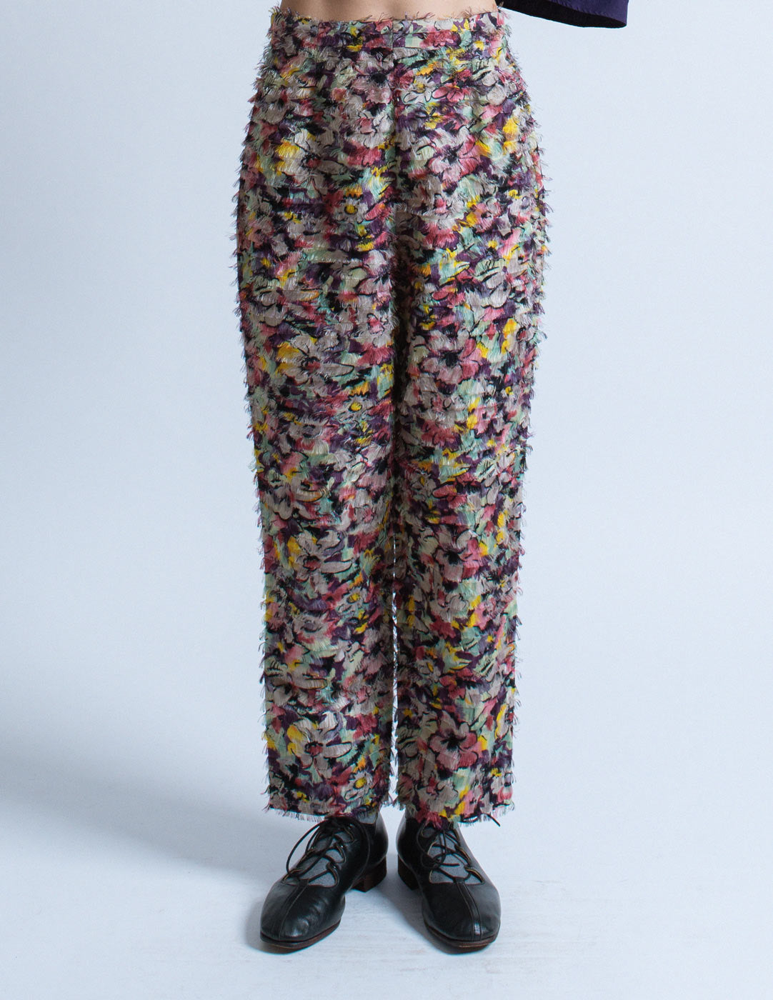 Jean Paul Gaultier vintage feathered floral trousers front detail