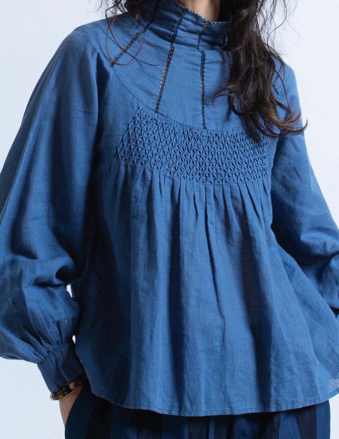 Kapital indigo blue smocked cotton linen blouse detail