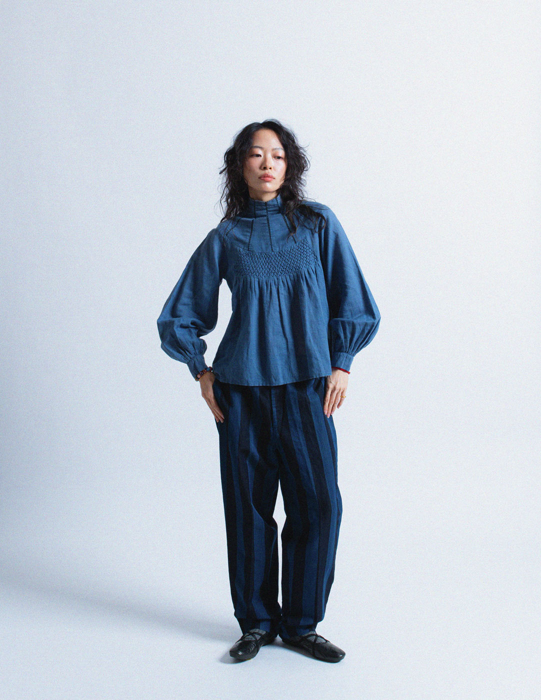 Kapital indigo blue smocked cotton linen blouse