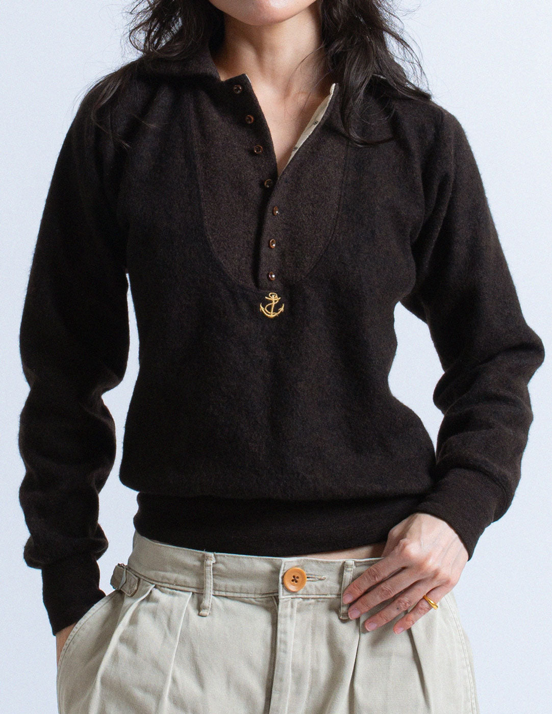 Kapital chocolate wool blend felted anchor pullover detail