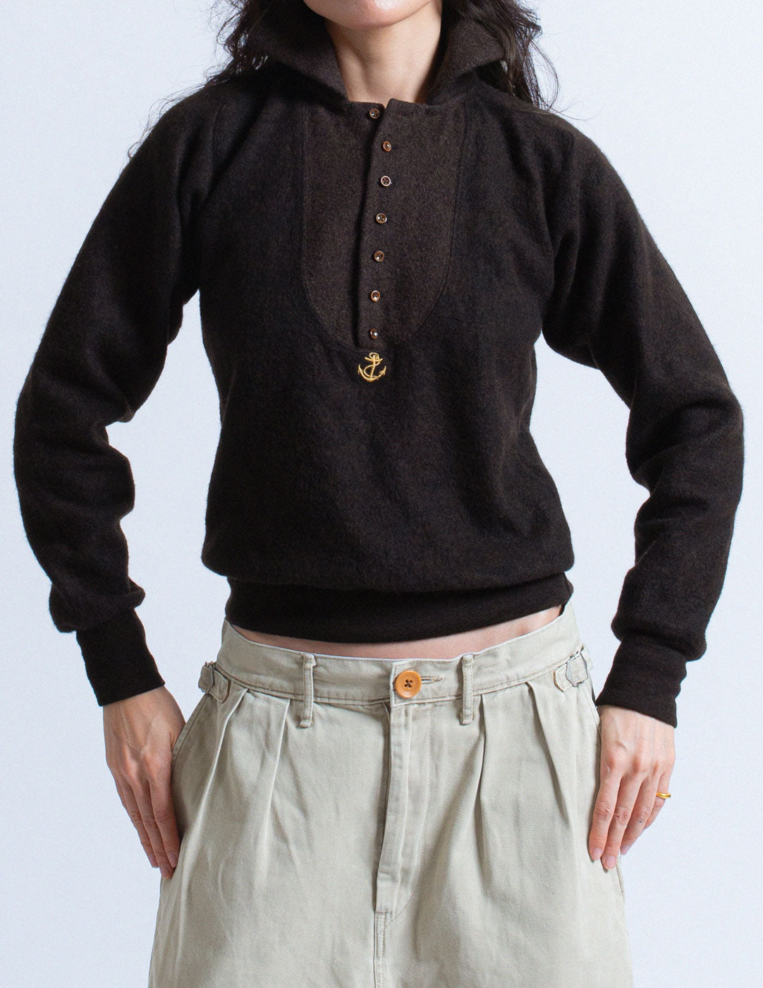 Kapital chocolate wool blend felted anchor pullover front detail