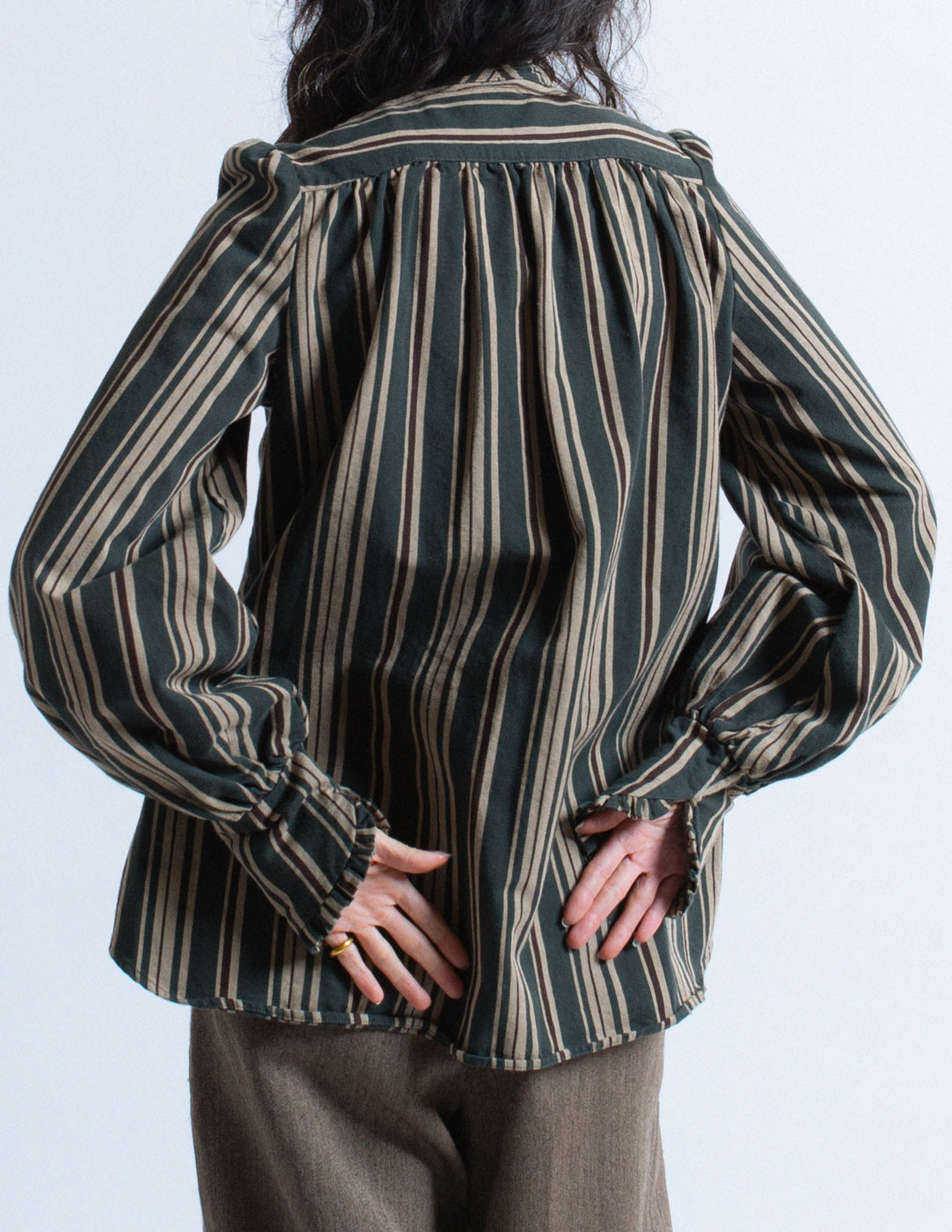 Kapital dark green striped ruffle top back detail