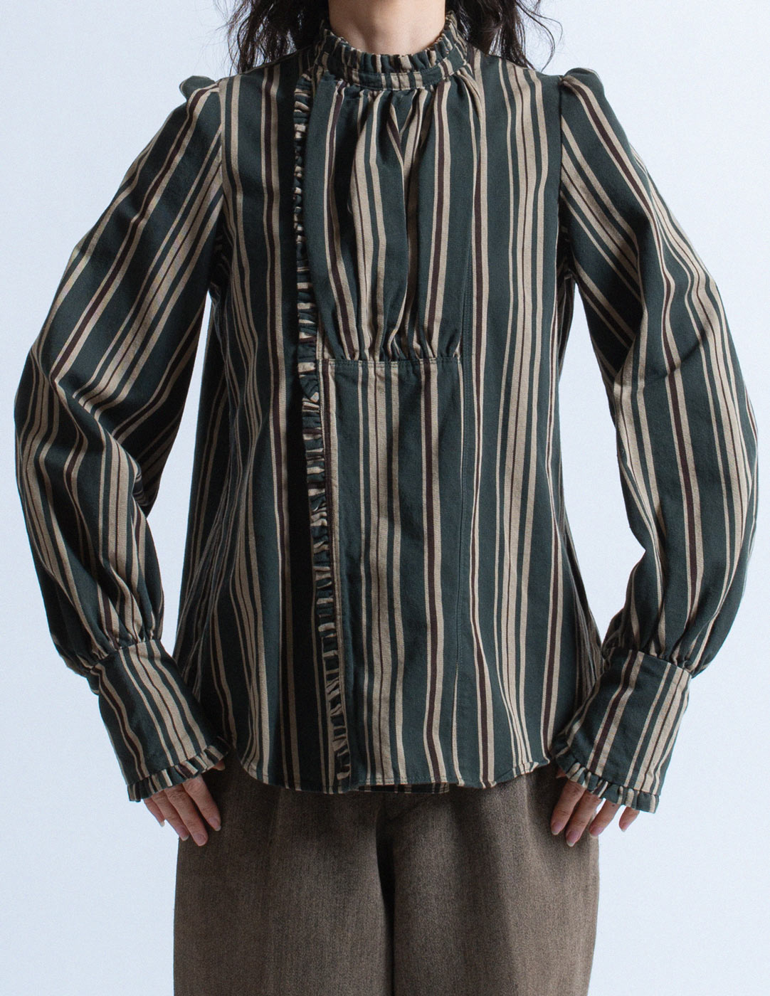 Kapital dark green striped ruffle top front detail