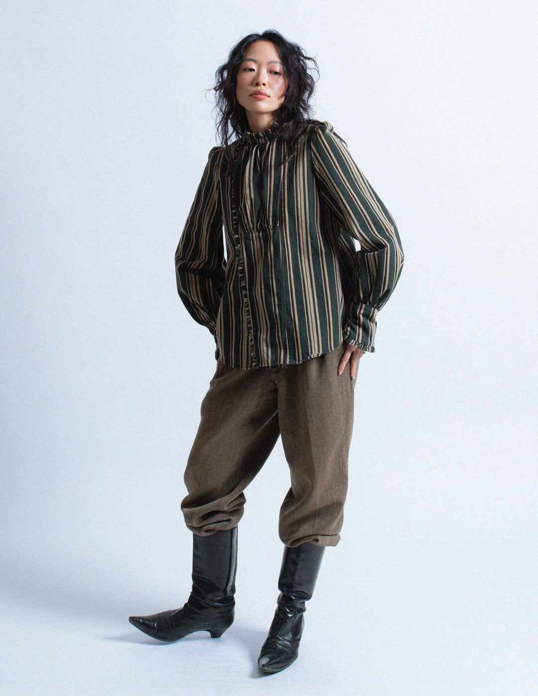 Kapital dark green striped ruffle top