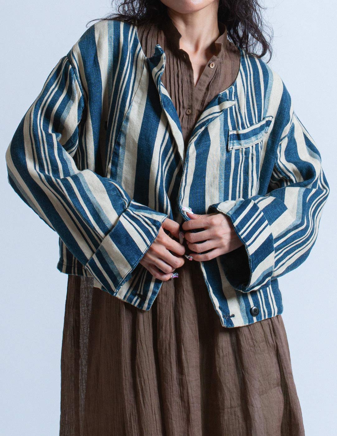 Kapital indigo and beige striped linen jacket front detail