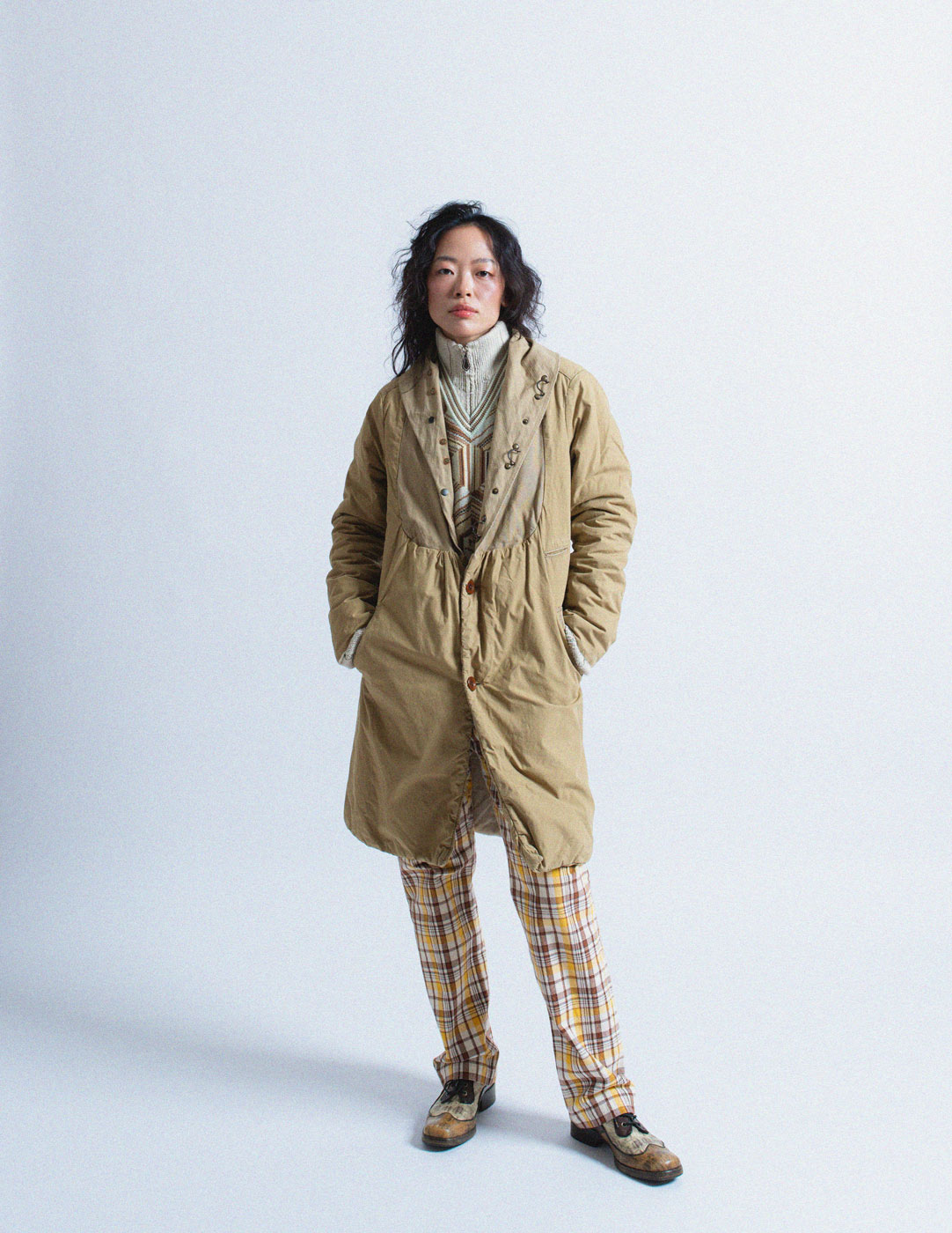 Kapital khaki quilted bib puffer coat