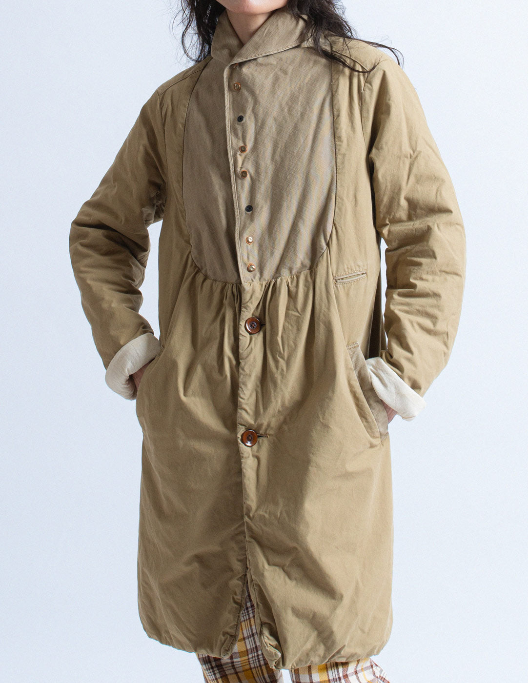 Kapital khaki quilted bib puffer coat detail