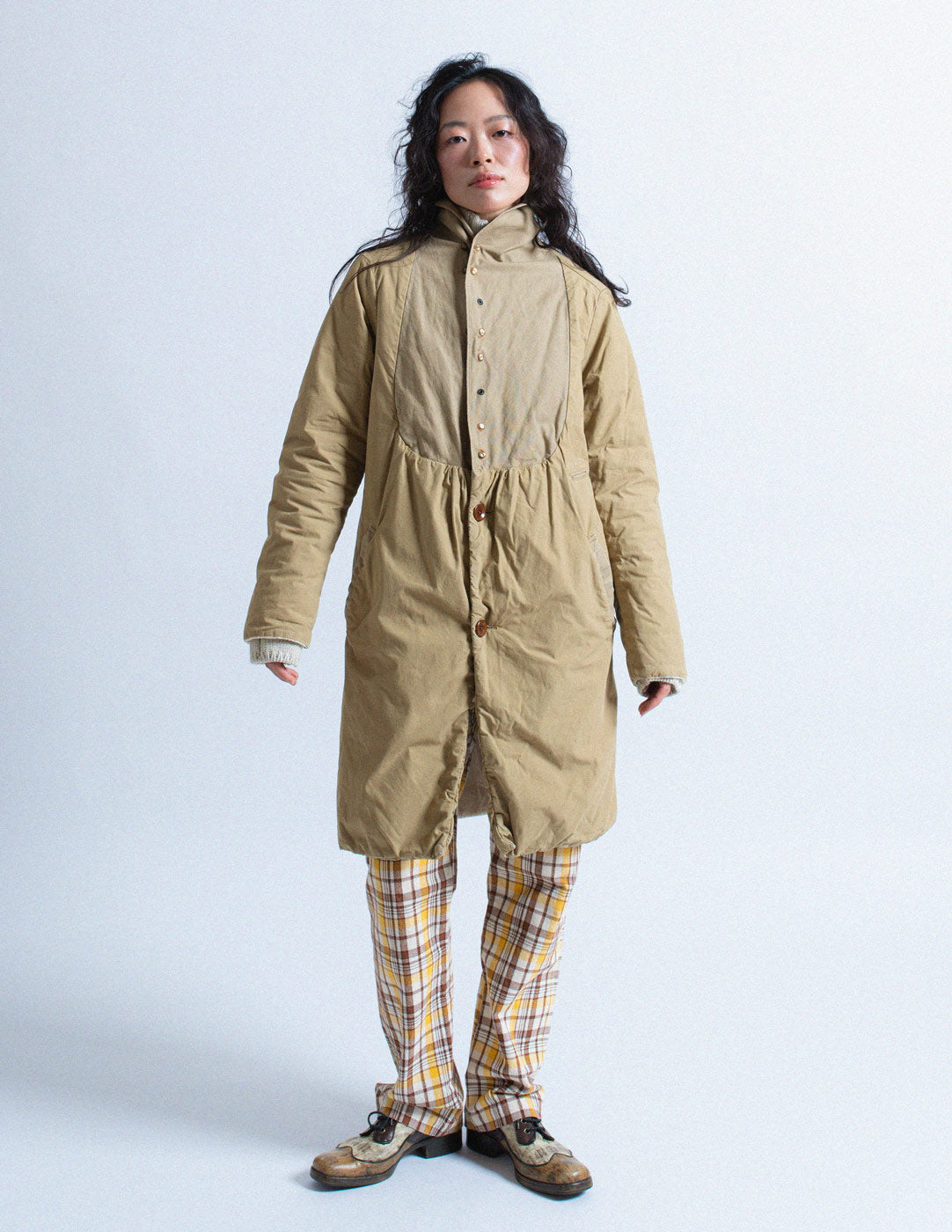 Kapital khaki quilted bib puffer coat