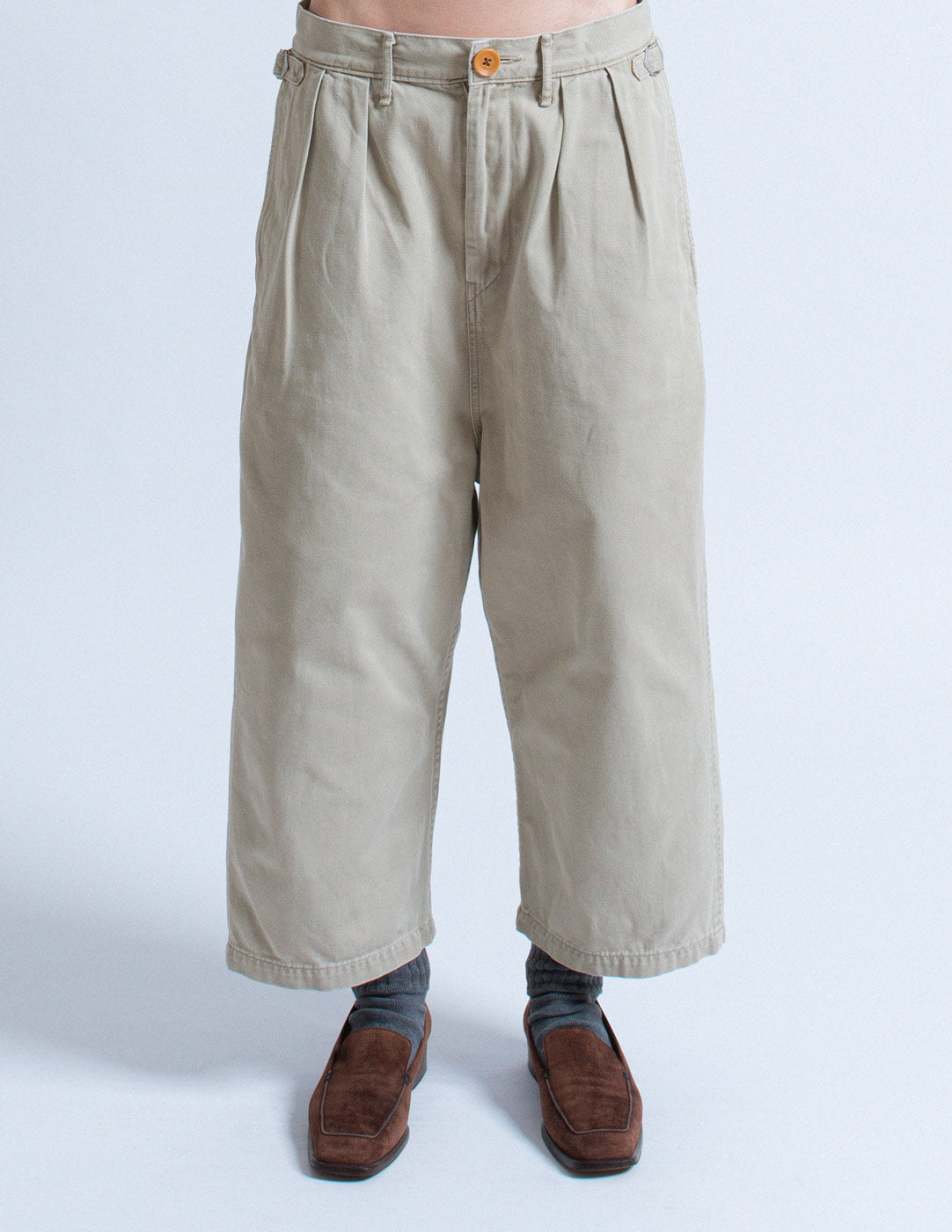 Kapital light khaki cotton work pants front detail