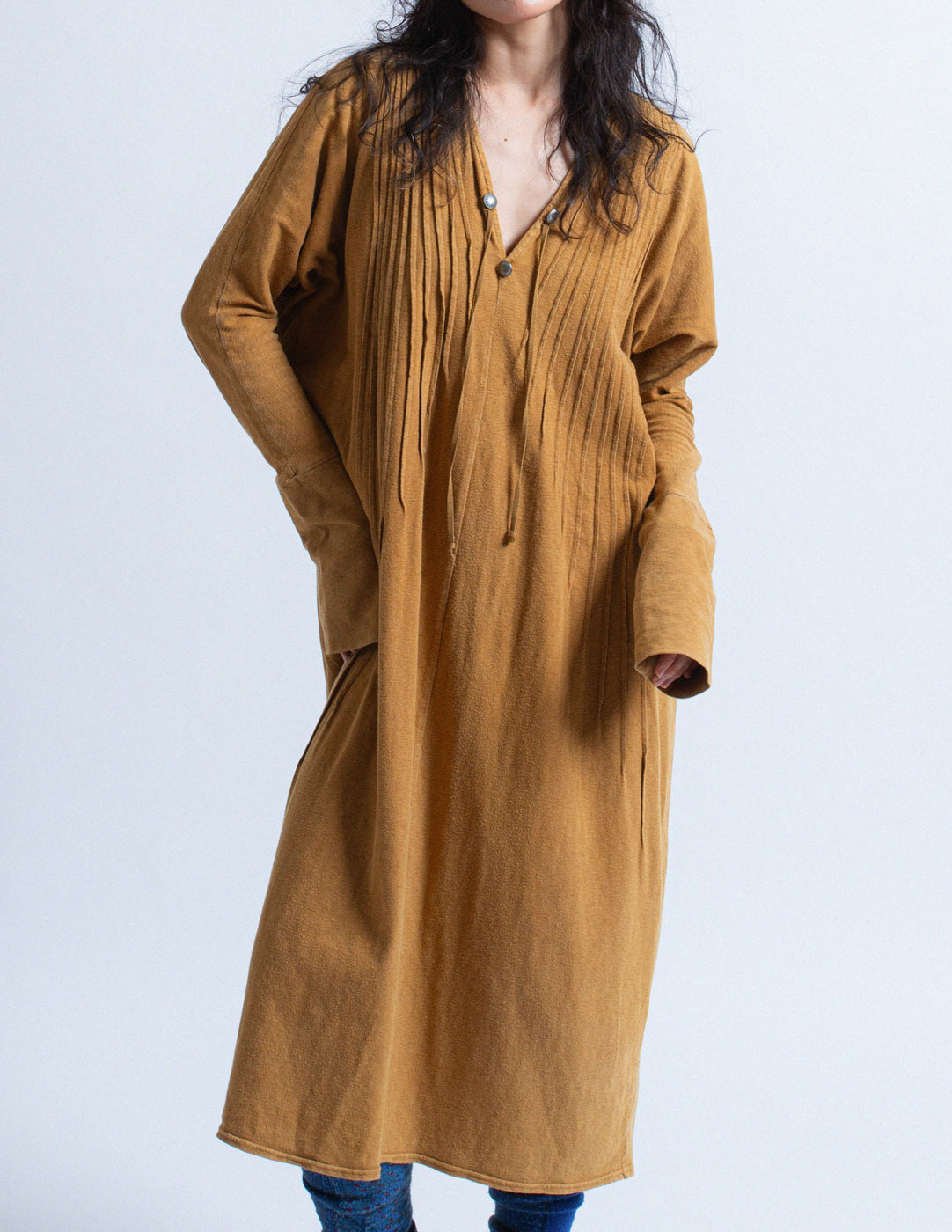 Kapital ochre cotton casual dress front detail