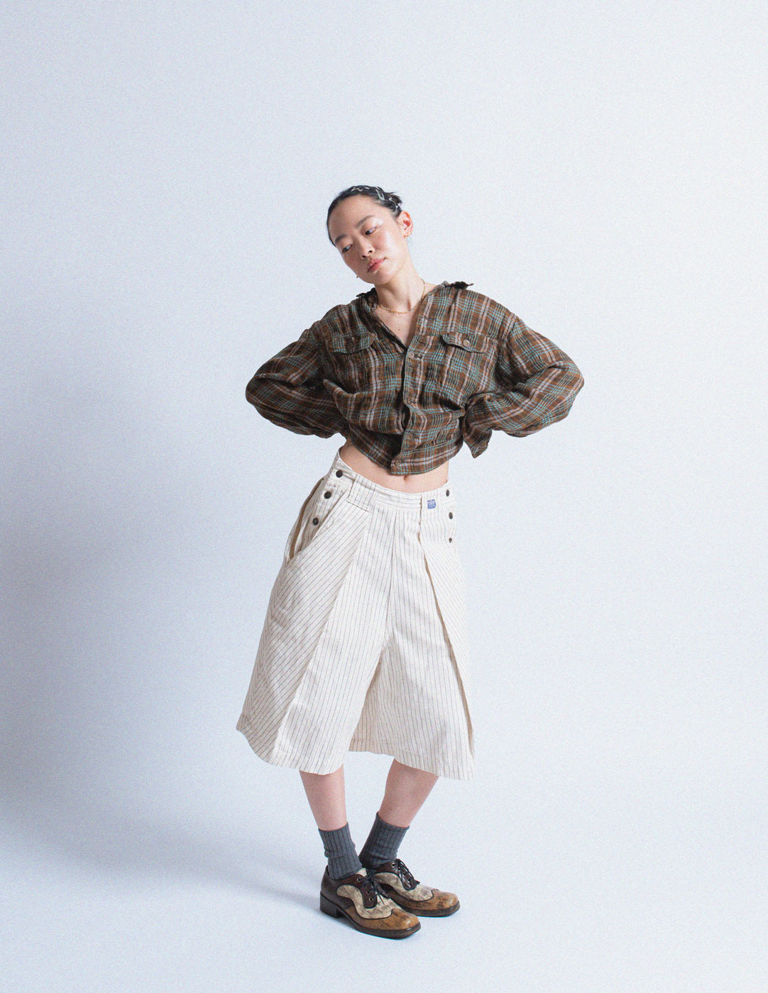 Kapital pinstripe wide-legged cotton shorts