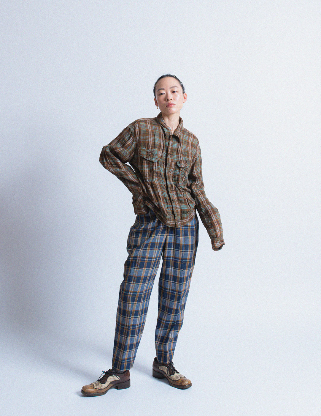 Kapital brown and turquoise plaid linen jacket