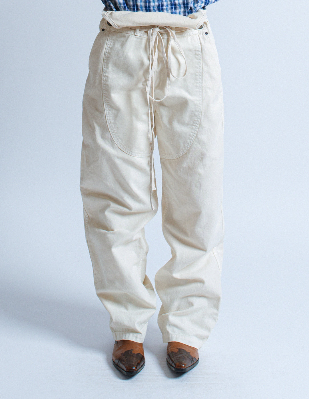 Kapital off white denim convertible overall front detail