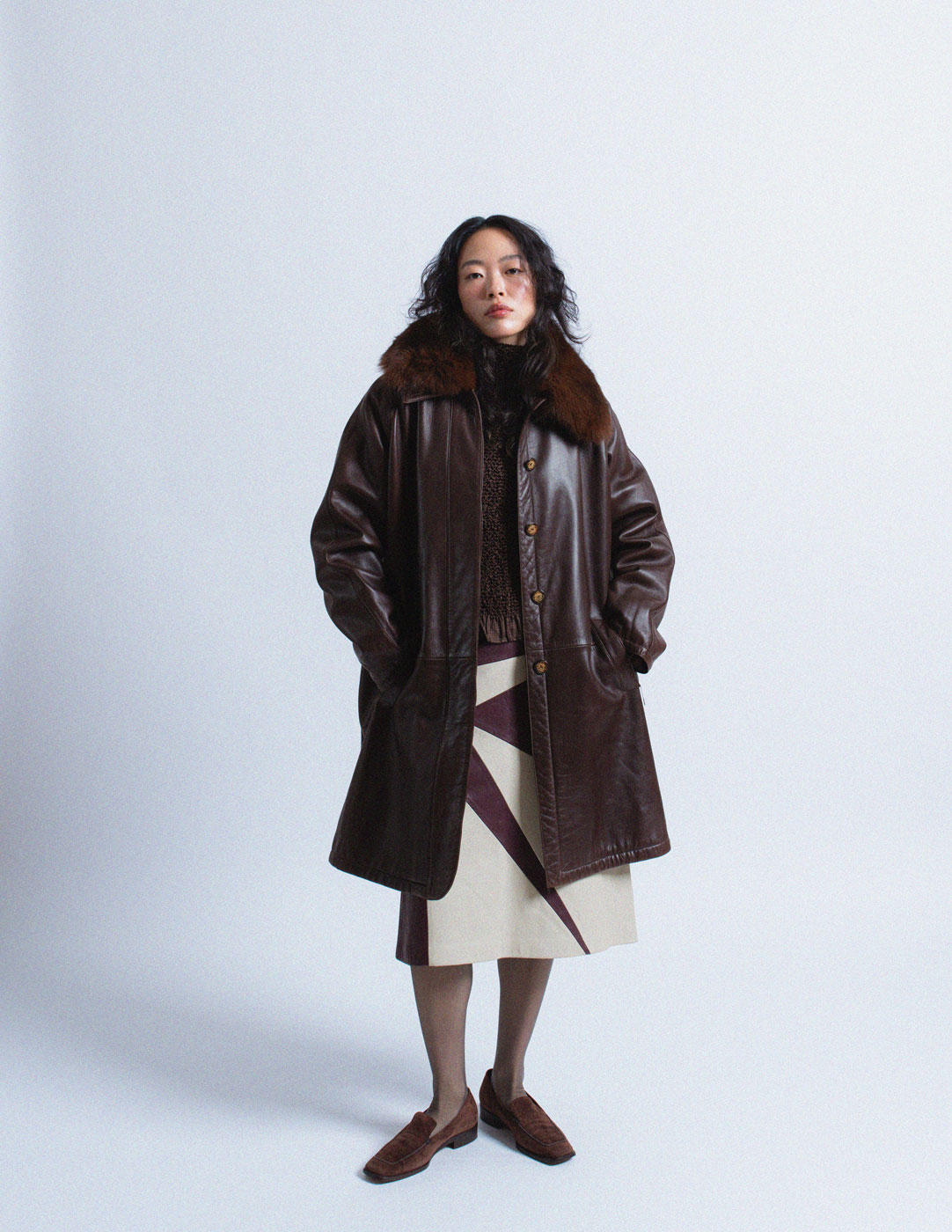 Loewe vintage brown lambskin coat with fur collar