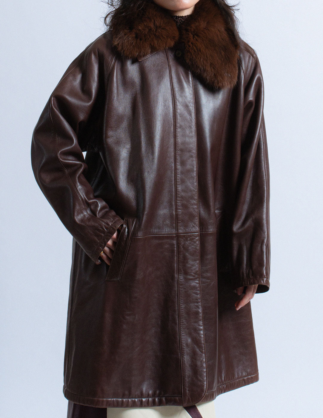 Loewe vintage brown lambskin coat with fur collar front detail
