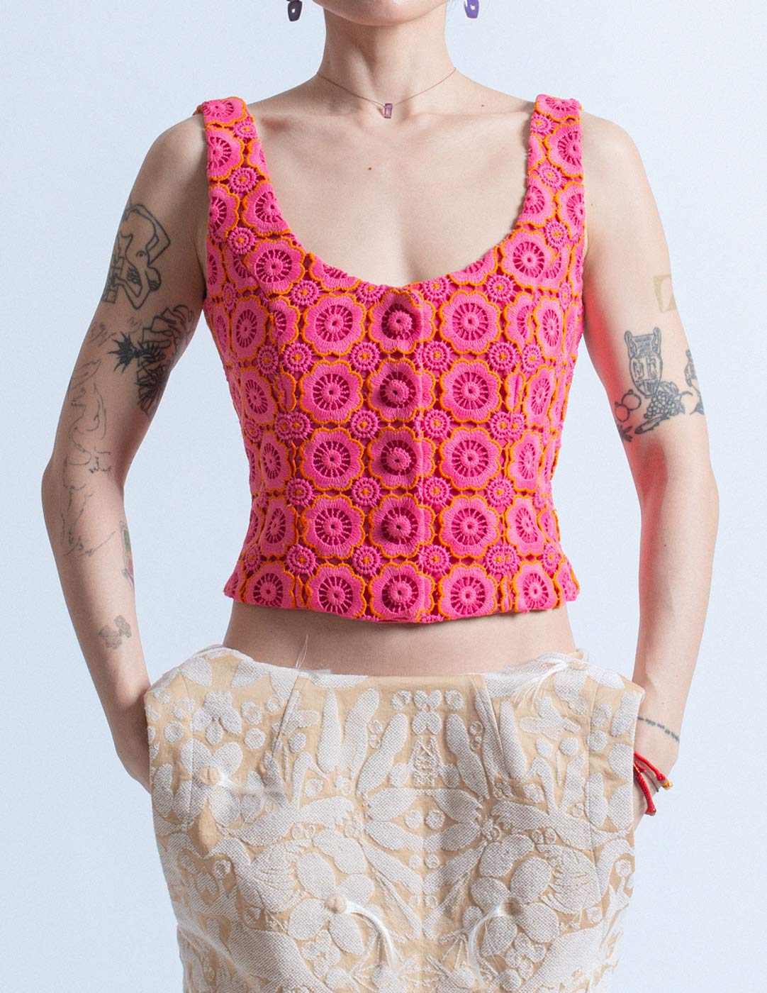 Moschino pink and orange crochet flower sleeveless top front detail