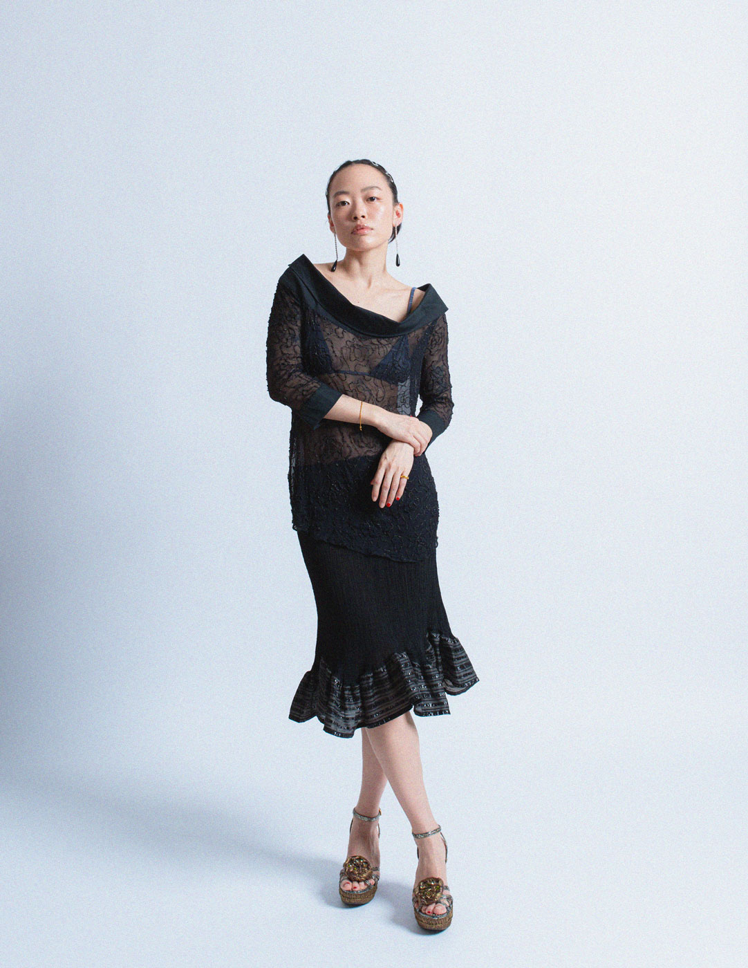 Issey Miyake me black pleated skirt with striped ruffle trim