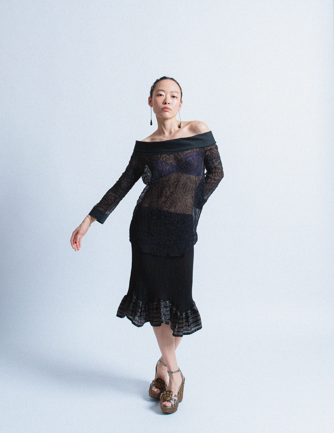 Issey Miyake me black pleated skirt with striped ruffle trim