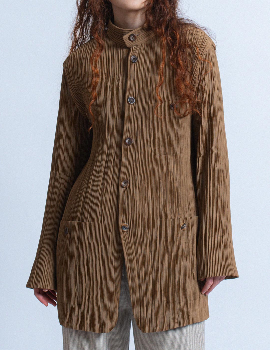 Issey Miyake vintage camel pleated long jacket front detail