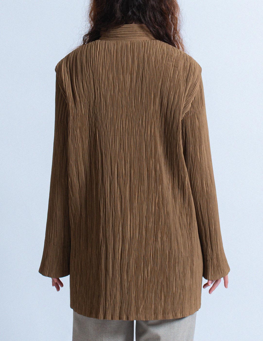 Issey Miyake vintage camel pleated long jacket back detail