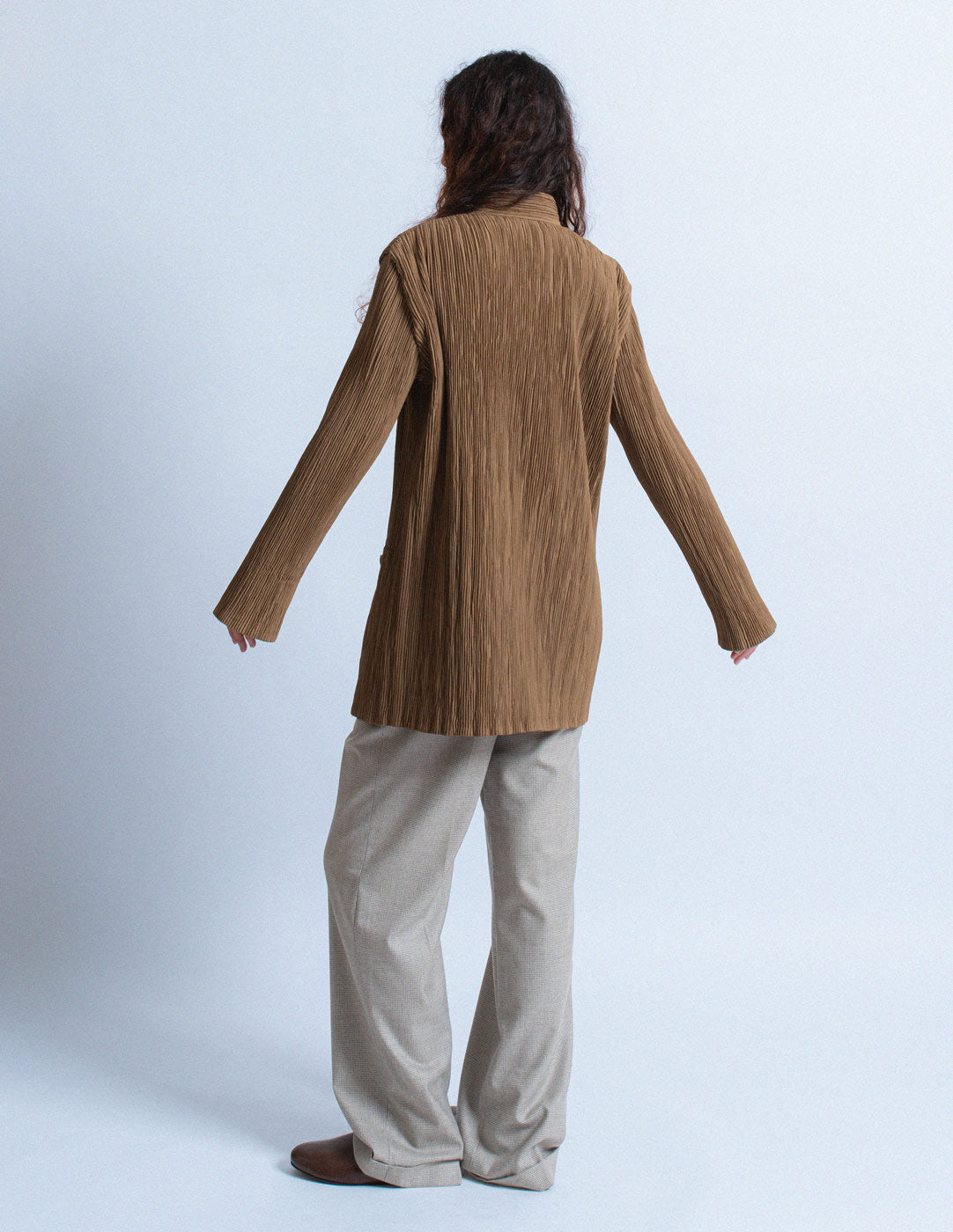 Issey Miyake vintage camel pleated long jacket back view