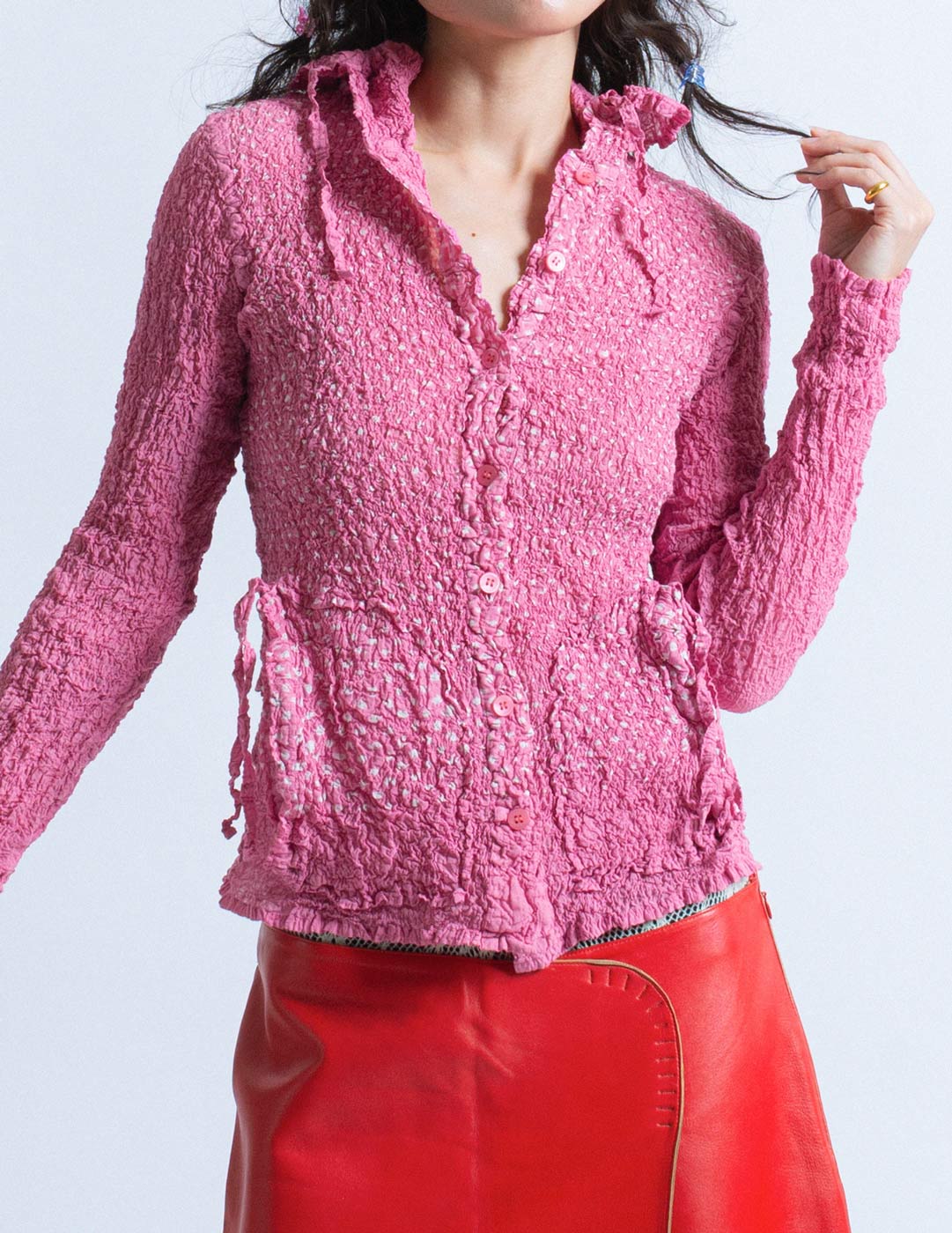 Issey Miyake pink and dotted crinkled button down front detail