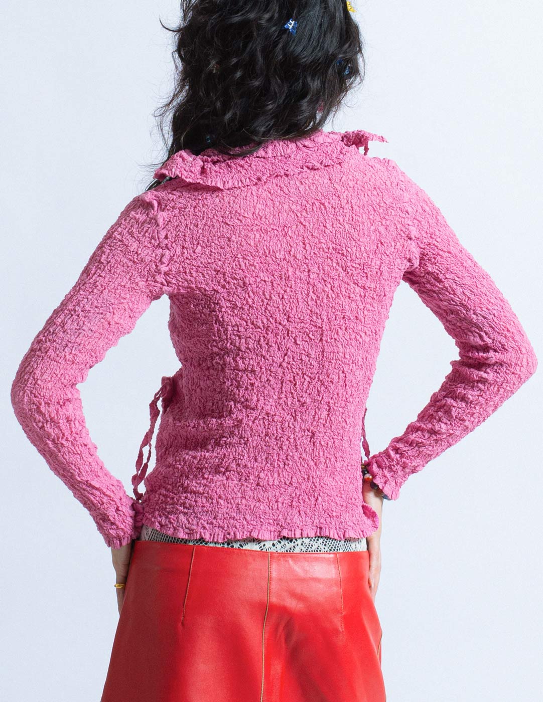 Issey Miyake pink and dotted crinkled button down back detail