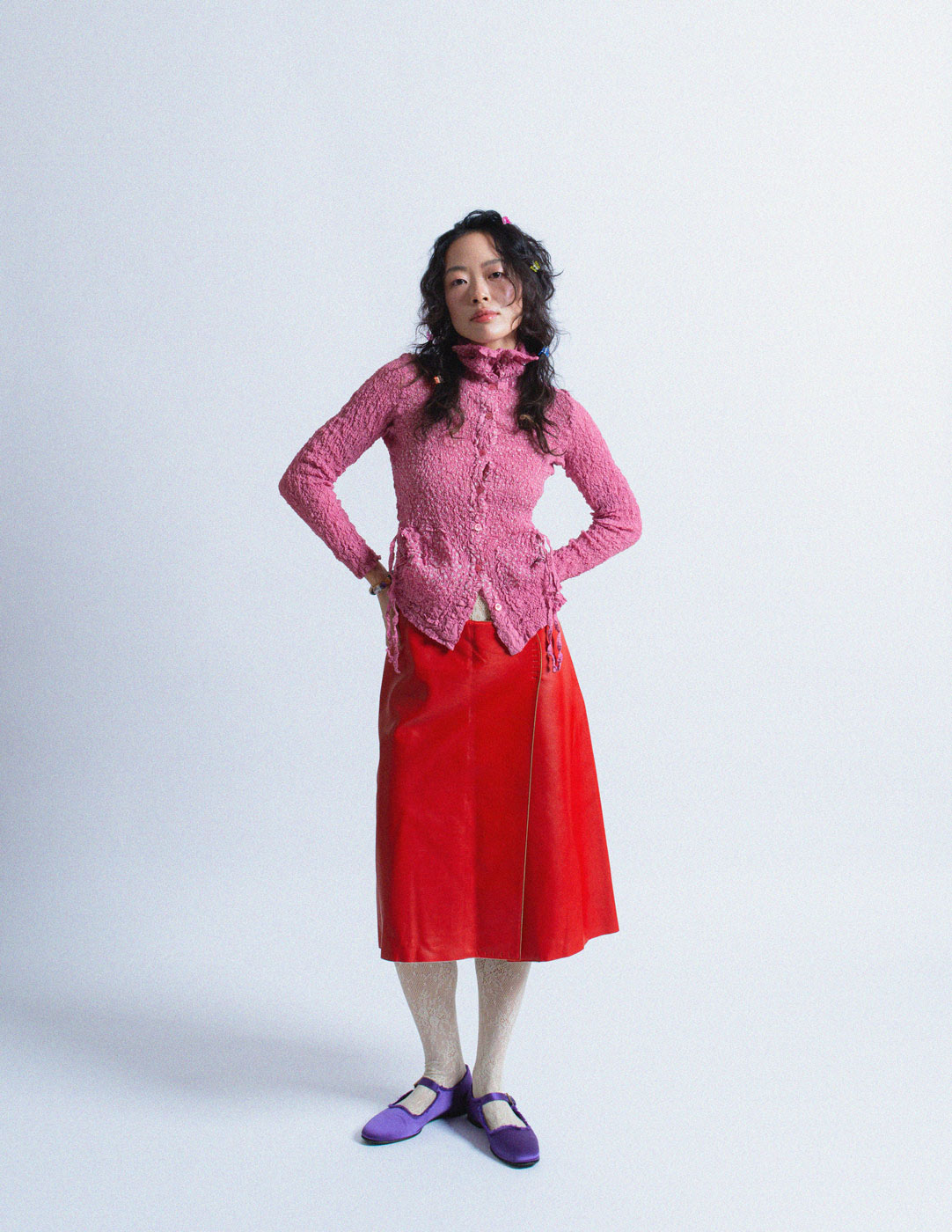 Issey Miyake pink and dotted crinkled button down